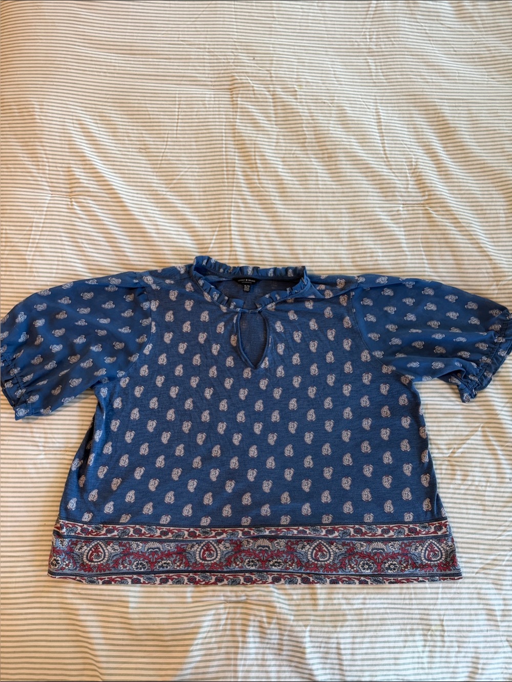 Lucky Brand Blue Paisley Border Peasant Top